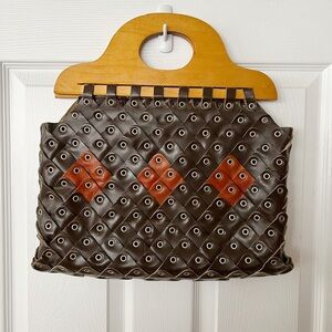Vintage 1970s Leather and Rivet Handbag w/ Wooden Handles